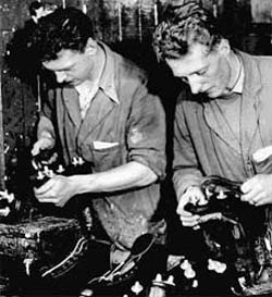 Jeff (left) and Joe Foster finishing football boots in 1958
